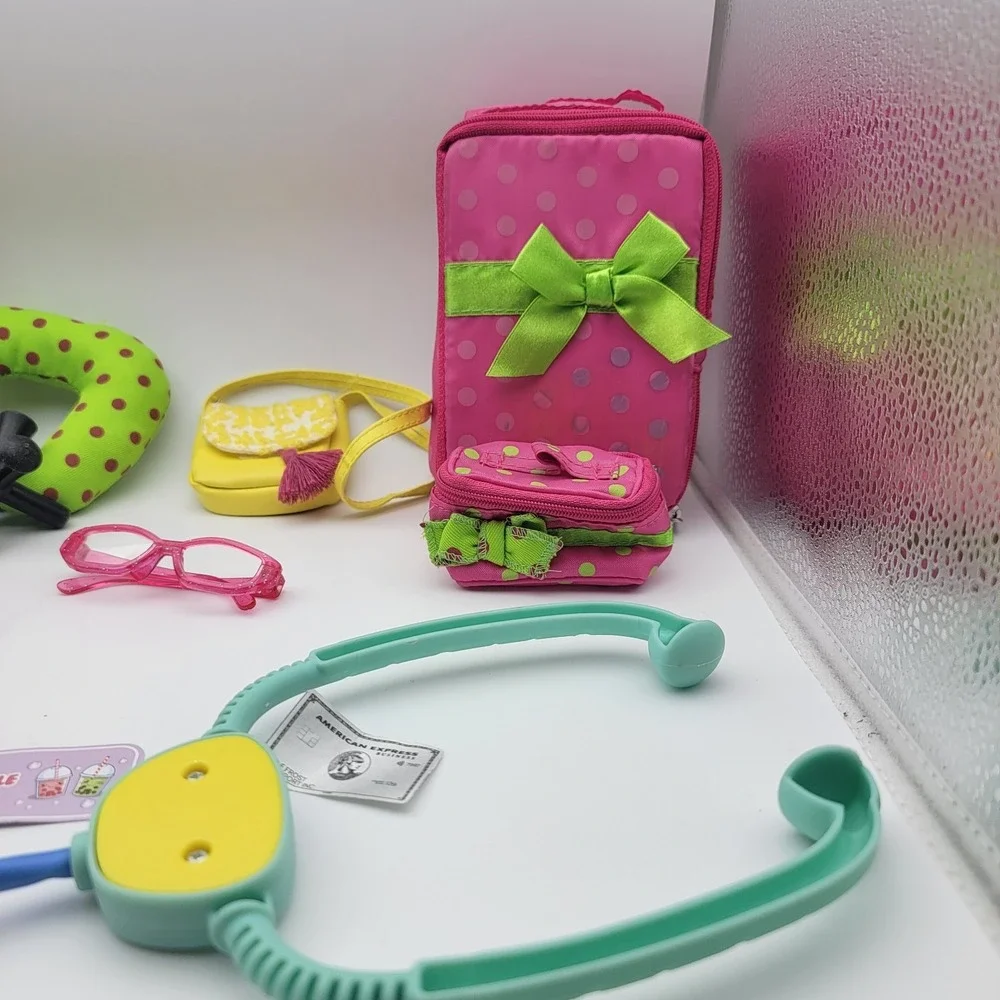 LOT OF 18IN DOLL Accessories, 16 total, Lugage, skate board, headphones and more